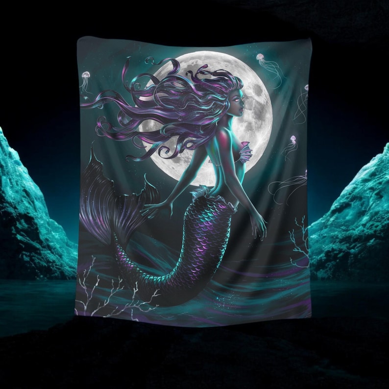 May include: A mermaid with long, flowing purple hair and a tail with iridescent scales swims in front of a full moon. The background is a dark blue with a few jellyfish.