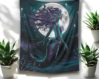 Mystical Mermaid Velveteen Throw Blanket | Fantasy Ocean Art Blanket | Dreamy Home Decor
