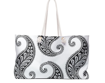 Elegant Black & White Paisley Tote Bag | Chic Everyday Carry-All | Stylish Weekender Tote