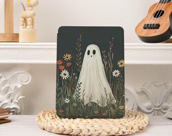 Cute Ghost Floral Dark Kobo/Kindle Paperwhite 12th Case 7‘’,Kindle 2024 Colorsoft Hand Strap,Paperwhite 11th Gen 6.8‘’,Oasis,Clear Back
