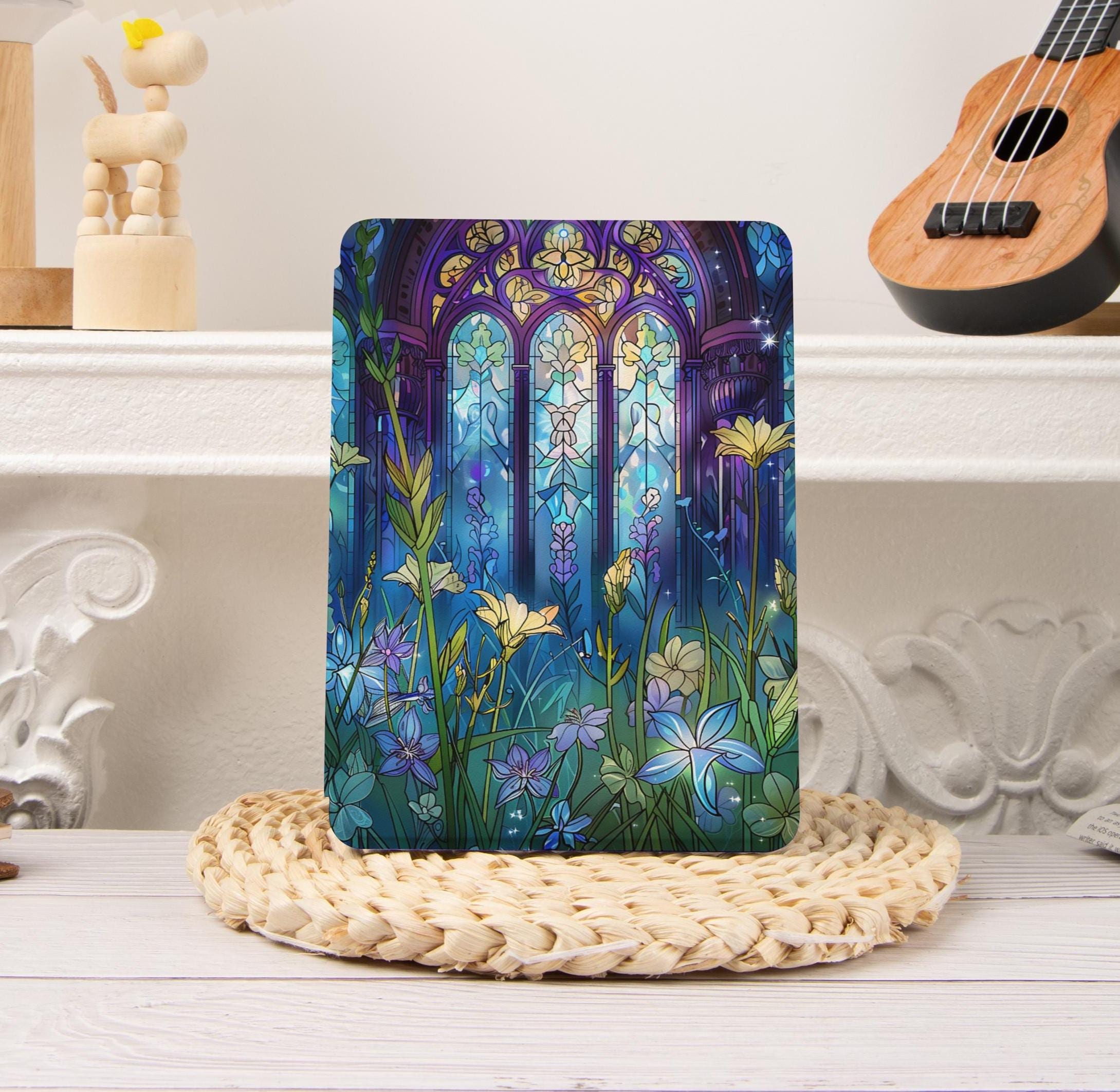 Stained Glass Flower Kobo/Kindle Paperwhite Case,Paperwhite 12th 7‘’ 11th 6.8‘’，Kindle 2024 Colorsoft, Kobo Cover,Kindle Oasis,Clear Back