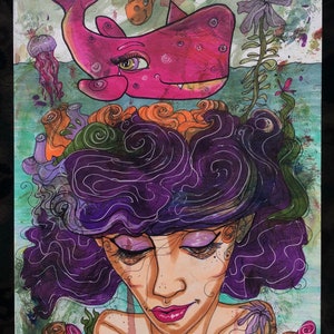 Swimming with Whales - original drawing/painting