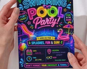 Invitation néon de fête à la piscine | Modèle de toile modifiable (téléchargement numérique)