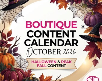 Puede incluir: Gráfico digital para un calendario de contenidos de boutique para octubre de 2026, con contenido de Halloween y otoño. El diseño incluye sombreros de bruja, calabazas, telarañas y hojas de otoño en tonos naranja, morado y negro.