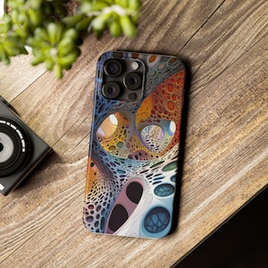 May include: A colorful phone case with a swirling, abstract pattern of blue, orange, yellow, and white. The case has a raised camera bump with three black camera lenses.
