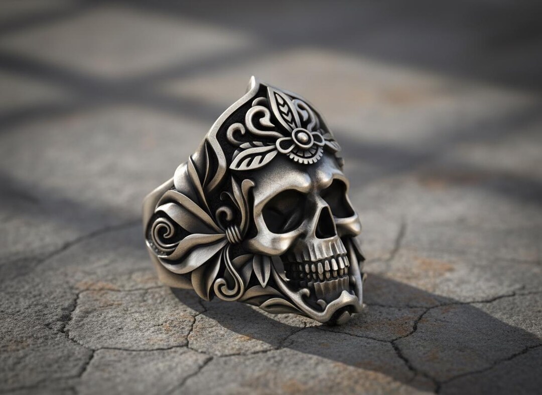 Skull Rings Floral Skull Ring, Gothic 925 Sterling Silver Biker Jewelry - Etsy