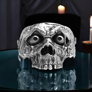 Handmade Sterling Silver Zombie Skull Ring - Gothic Biker Jewelry