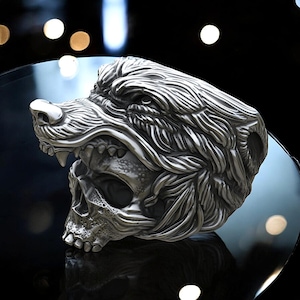 Handmade Werewolf Skull Ring: 925 Sterling Silver Biker Jewelry