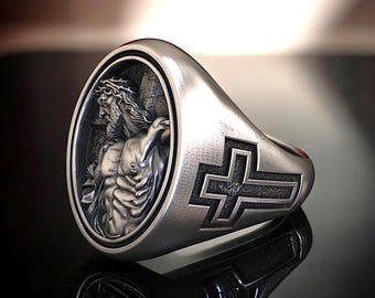 Kruzifix Jesus Christus Ring: Sterlingsilber Religiöser Ring