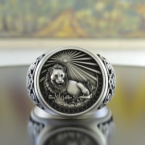 Leo Zodiac Ring 925 Sterling Silver Handmade Astrology Signet Ring for Men with Lion Symbol Horoscope Jewelry Birthday Gift Idea
