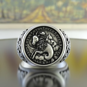 Capricorn Zodiac Ring 925 Sterling Silver Astrology Signet Ring for Men Handmade Goat Sea Symbol Ring Horoscope Jewelry Birthday Gift