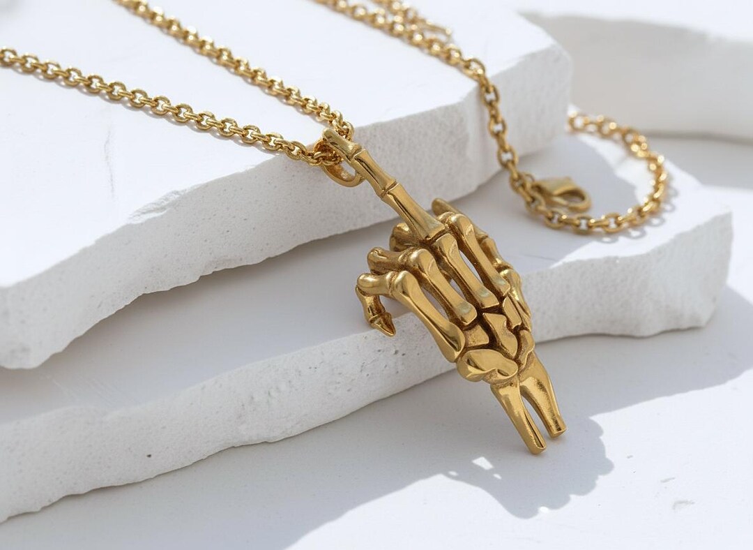 thumbnail image 2 of .925 Sterling Silver Rocker Skeleton Finger Hand Pendant - Men's Biker Jewelry 2 of 5