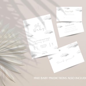 Modello di invito per baby shower Oh Baby Modern White Cloud, grazie per il download digitale immediato, stampabili per baby shower per bambine e bambini