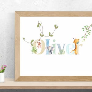 Stampa personalizzata con nome per cameretta, cartello con nome Safari, decorazione murale personalizzata per cameretta, stampa con nome per bambini, decorazioni per cameretta Safari, decorazioni con animali dello zoo