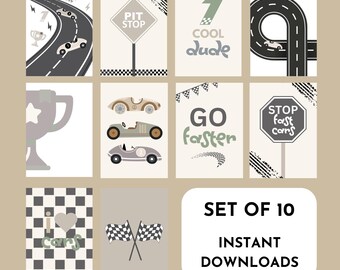 Set of 10, Personalised, Race Car Prints, Racing Car, Boys Bedroom Prints, Vintage Race Car, Playroom, Boys Gifts, Digital Downloads, jpeg