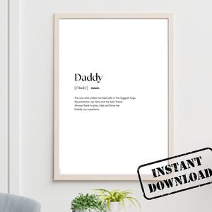 Puede incluir: Un cuadro con la palabra "Daddy" en negro, con una definición que describe una figura paterna. Un sello en blanco y negro de "Instant Download" está en la esquina inferior derecha.