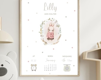 BAIXAR Anúncio de nascimento de bebê personalizado Arte de parede de berçário Impressões de pôster personalizadas, Estatísticas de nascimento Decoração de berçário para meninas, Presente para novo bebê, Nova mamãe