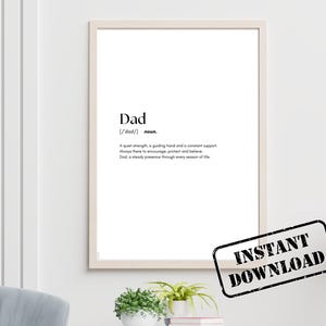 Könnte beinhalten: Ein gerahmter Druck mit der Definition von "Papa" in schwarzem Text auf weißem Hintergrund. Die Definition enthält die Aussprache und eine Beschreibung der Rolle eines Vaters. Der Druck ist in einem hellen Rahmen und hat einen "Sofort-Download"-Stempel.