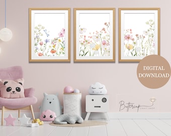 Set of 3 Pink Wildflower Wall Print for Baby, Nursery Wildflowers Prints, Cosy Room Decor, Calming nursery Art Digital Downloads, jpeg