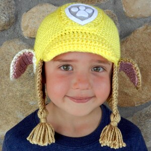 Construction rescue dog crochet hat pattern with earflaps and yellow hard hat