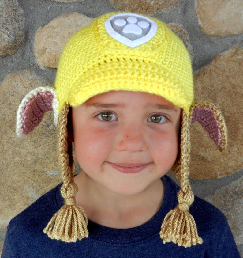 Construction rescue dog crochet hat pattern with earflaps and yellow hard hat