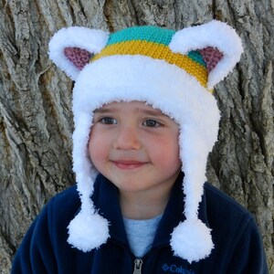 Husky rescue dog crochet hat pattern with earflaps and pom poms