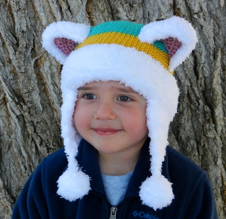 Husky rescue dog crochet hat pattern with earflaps and pom poms