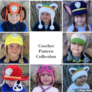 May include: A collection of crochet patterns for children's hats featuring characters from the popular cartoon show Paw Patrol. The hats are in various colors and feature different characters, including Chase, Skye, Marshall, and Rocky. Each hat has a unique design and features a paw print emblem.