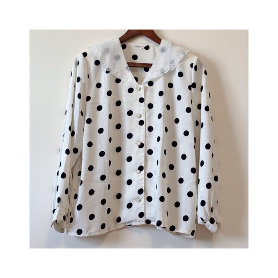 Polka Dot Blouse With Lace Collar 90s Pearl Button Sheer Top M-L