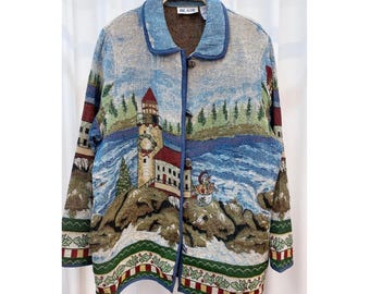 Vintage Blair Lighthouse Scenic Tapestry Jacket 100% Cotton Woven Holiday Artwear Cardigan Coastal Christmas Landscape Coat for Women
