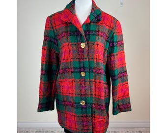 Vintage Mohair Blend Tweed Coat Statement Plaid Wool Jacket with Gold Buttons Retro 80s Textured Check Outerwear Oversized Fall Winter