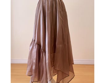 Vintage Asymmetrical Hem Midi Skirt Layered Sheer Overlay Lined Elastic Waist Flowing Handkerchief Hem Elegant Evening Party Skirt