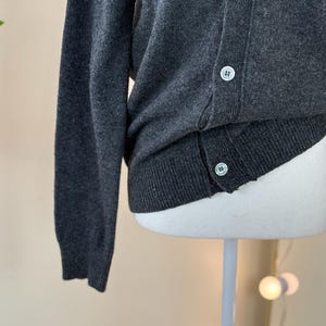 May include: A dark gray cardigan sweater with a button-up front. The sweater has a ribbed hem and cuffs, and the buttons are a light color. The fabric appears to be a soft knit material.