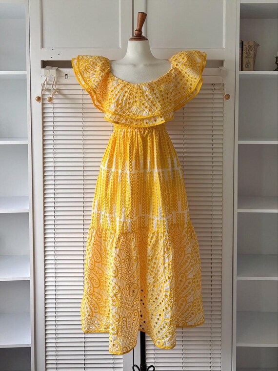 Vintage Off-Shoulder Embroidered Eyelet Maxi Dress Cotton Smocked Waist Women S-L Boho Summer Style