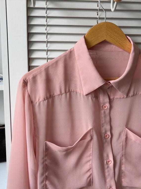 Sheer Pink Button-Up Blouse - See-Through Long Sleeve Top with Pockets | Korean Minimalist Retro Shirt