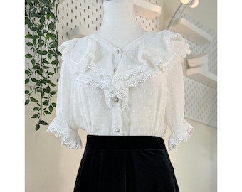 Sheer Swiss Dot Ruffle Blouse Women Lace Trim Button Front Romantic Feminine Top Lightweight Summer Casual Elegant Shirt