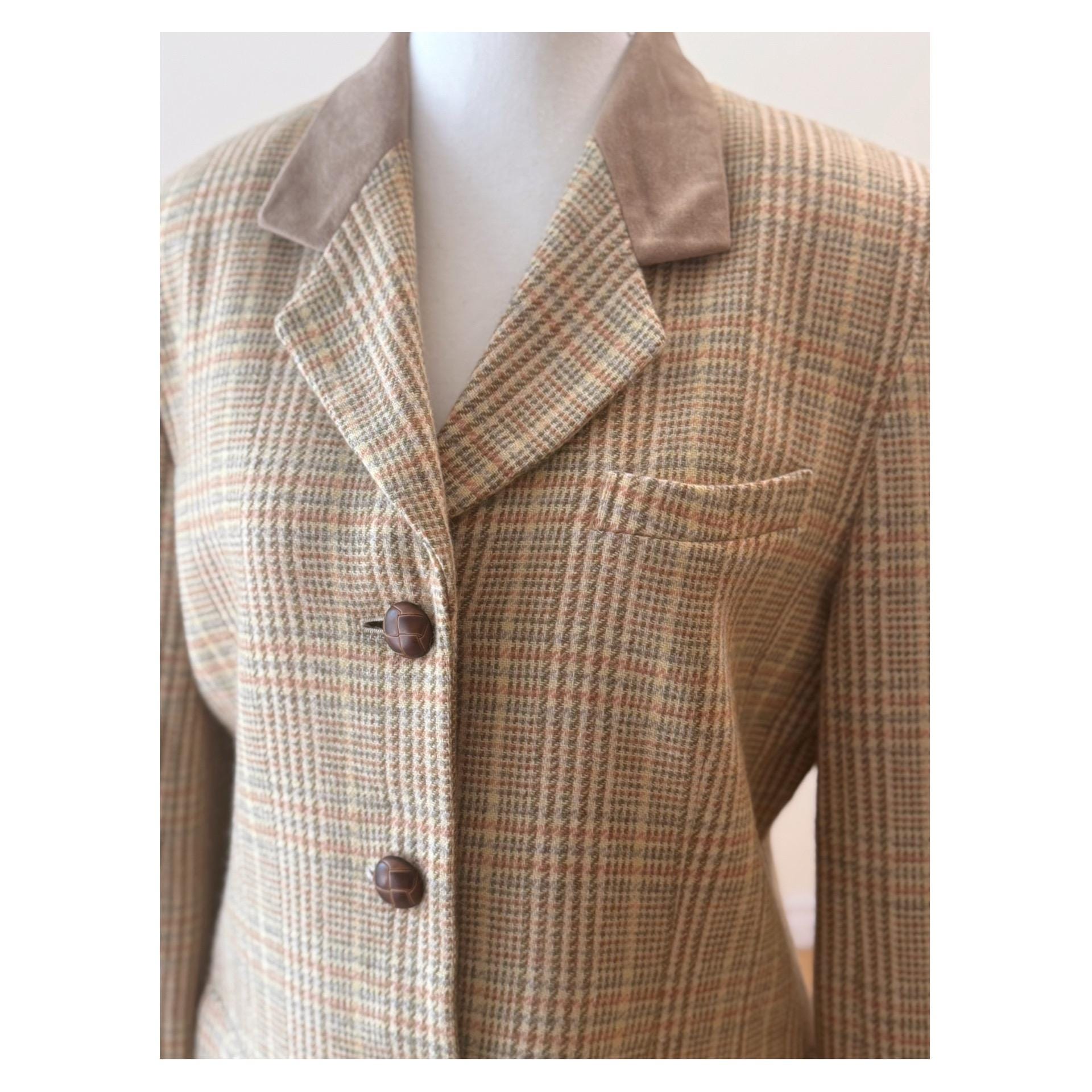 Vintage Japan Glen Check Wool Blazer Tailored Jacket With Suede