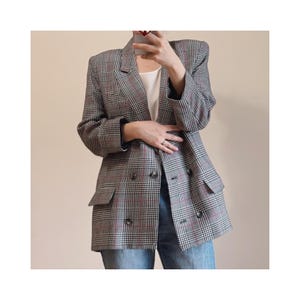 Blazer croisé vintage en pied-de-poule - Veste de bureau minimaliste surdimensionnée coupe M-L Style preppy des années 90