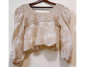Crochet Boho Peasant Blouse – Romantic Embroidered Balloon Sleeve Top