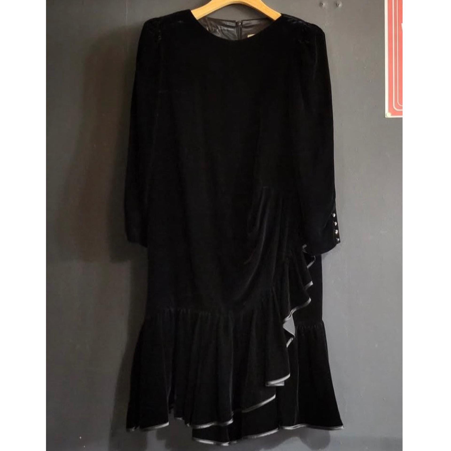 Vestido vintage japonês de veludo com ombreiras – bainha com babados, vestido de coquetel formal assimétrico