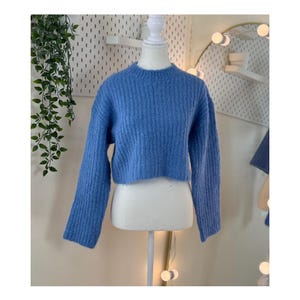 May include: A cropped, light blue sweater with a crew neck and long sleeves. The sweater is displayed on a white mannequin. The knitwear has a ribbed texture. The background includes decorative elements and a glimpse of another garment.