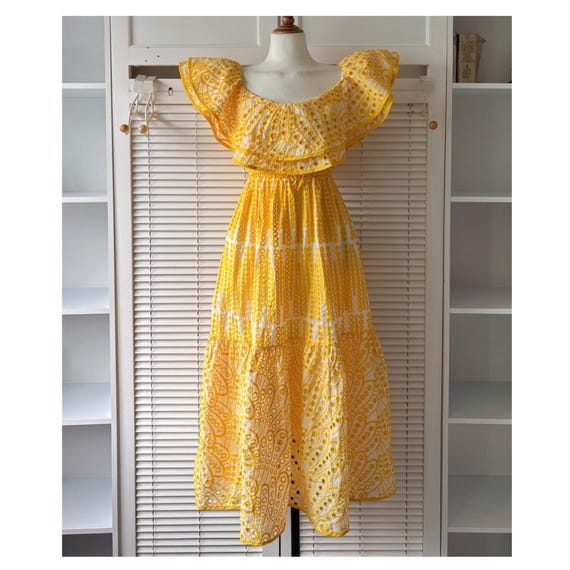 Vintage Off-Shoulder Embroidered Eyelet Maxi Dress Cotton Smocked Waist Women S-L Boho Summer Style