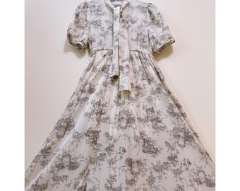 Vestido vintage japonês com estampa de toile – manga bufante romântica com decote em V