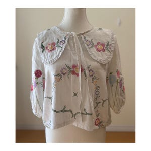 Upcycled European Vintage Linen Cotton Blouse Hand Embroidered Cross-Stitch Floral Top Cottagecore Folk Peasant Shirt Boho Blouse
