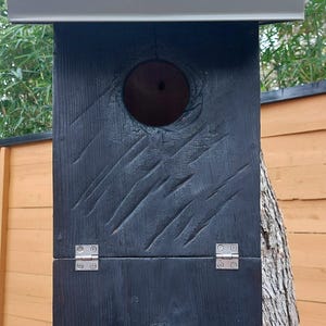 Puede incluir: Una casita de pájaros de madera negra con una puerta frontal con bisagras y un agujero de entrada redondo. La casita de pájaros tiene un techo de metal gris y está montada en un tronco de árbol.