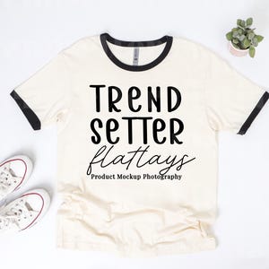 Next Level 3604 Natural & Black TShirt Mockup | NL3604 Flatlay Mockup | NL3604 Natural Black Ringer Tee Mock-up | Simple Basic Aesthetic