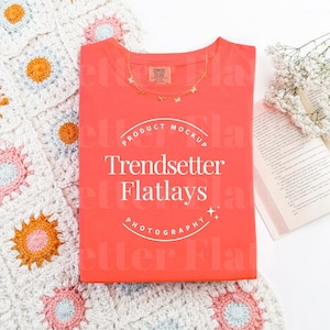 Comfort Colors 1717 Bright Salmon Mockup | CC1717 Bright Salmon Tshirt Mockup | Short Sleeve Flat Lay Mock-up | Colorful Spring Aesthetic