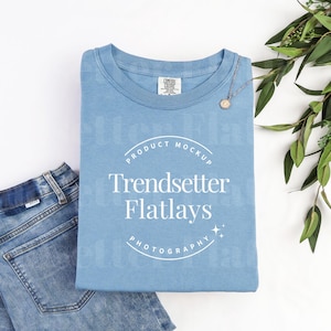 Comfort Colors 1717 Ice Blue Mockup | CC1717 Ice Blue Tshirt Mockup | Blue Short Sleeve Flat Lay Mock-up | Neutral Aesthetic