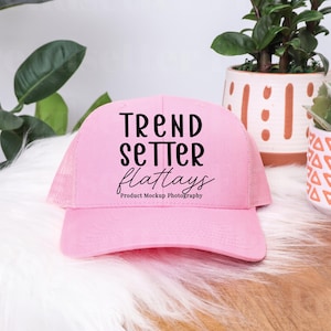Yupoong 6606 Pink Mockup | Classic Snapback Hat Mockup | Retro Trucker Hat Flatlay | Styled Snapback Hat Mock | Neutral Aesthetic Flat lay