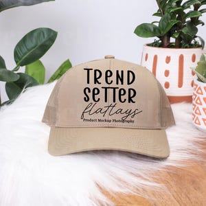 Yupoong 6606 Khaki Mockup | Classic Snapback Hat Mockup | Retro Trucker Hat Flatlay | Styled Snapback Hat Mock | Neutral Aesthetic